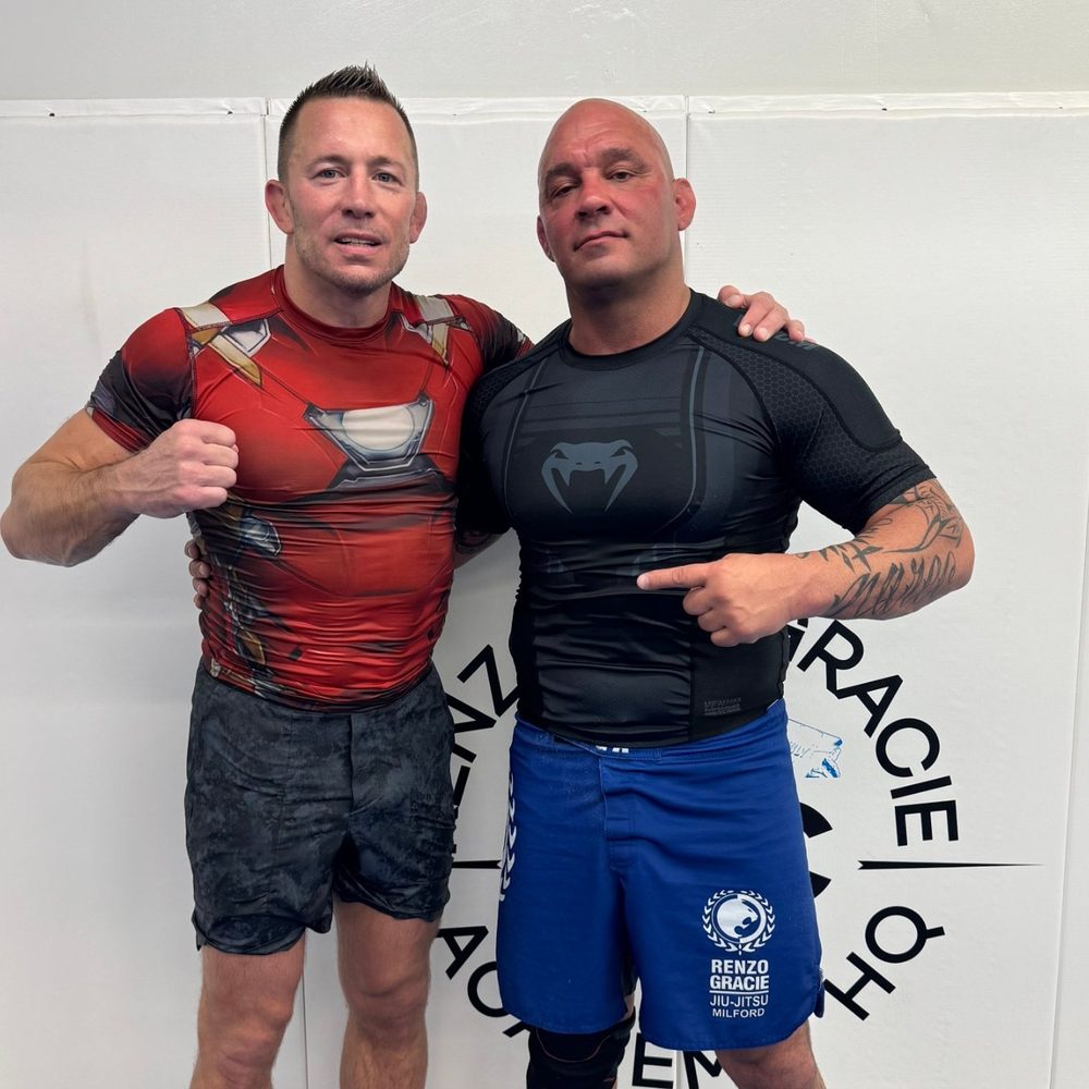Georges St-Pierre and Professor Mark Cerrone on the mat at Renzo Gracie Milford
